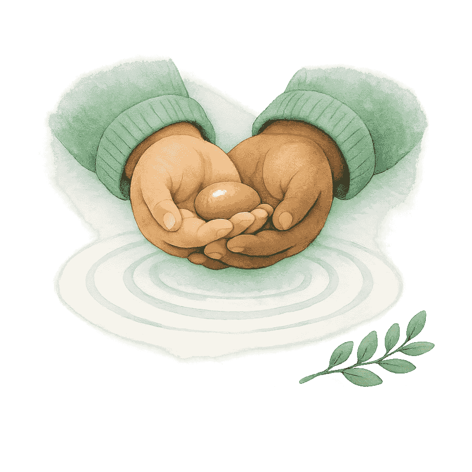 Small cupped child hands holding a glowing gold pebble, surrounded by soft ripples and a leafy sprig.