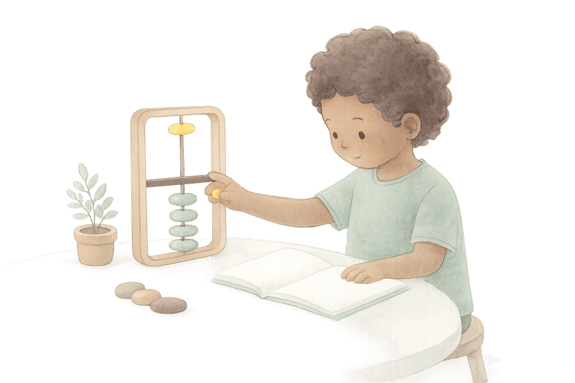 A happy stylized child at a low table playing with a child-sized single-rod soroban beside a blank folio and smooth pebbles.