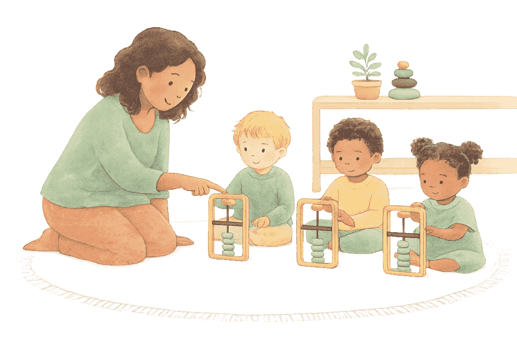 A kind educator kneeling beside three stylized young children on a rug, each using a child-sized soroban during a calm weekly session.
