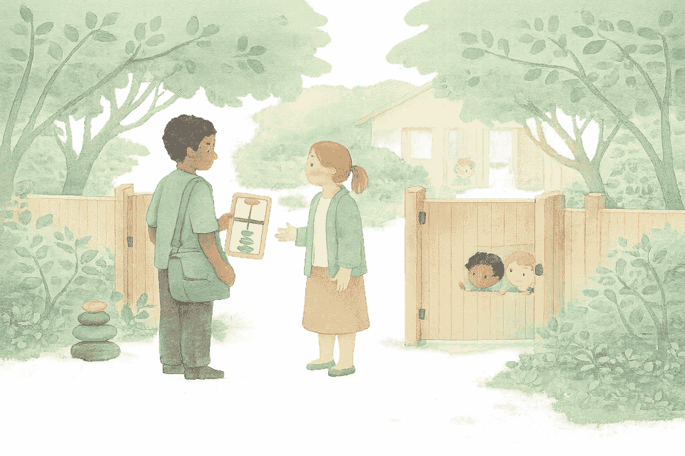 A visiting educator carrying a soroban being warmly welcomed at the gate of a friendly early-learning centre, with children peeking happily nearby.